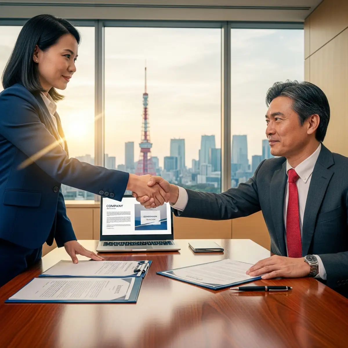CEO Việt Nam và đối tác Nhật Bản ký kết hợp đồng, biểu tượng cho visa công tác thành công.