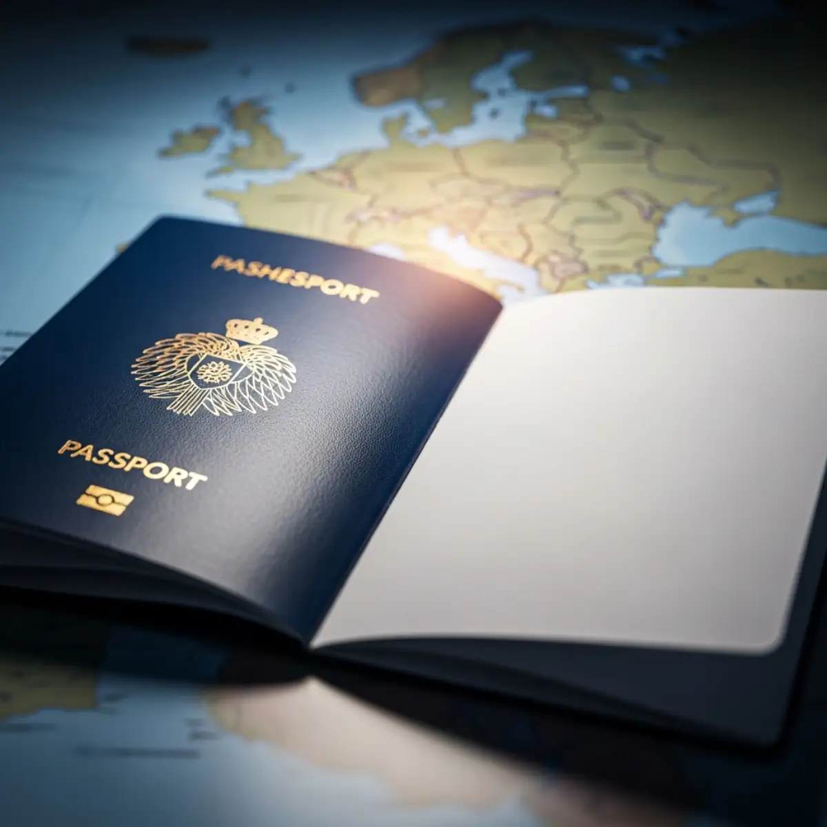 Hộ chiếu trắng chưa có dấu nhập cảnh và bản đồ khu vực Schengen