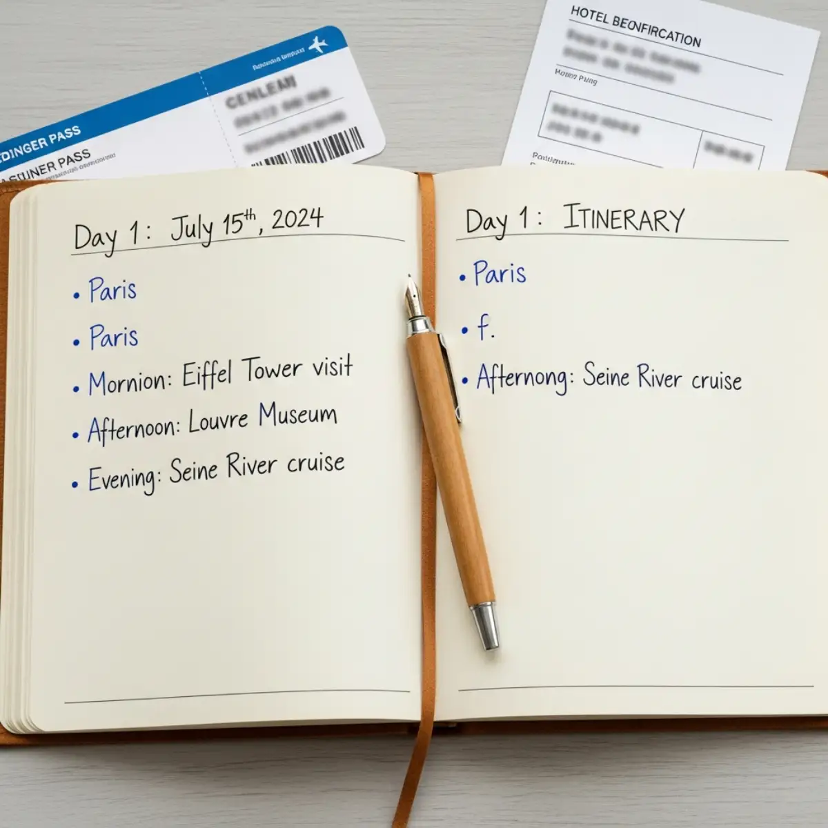 Sổ tay ghi chép chi tiết lịch trình du lịch theo ngày, thành phố và hoạt động, chứng minh sự nghiêm túc của chuyến đi.