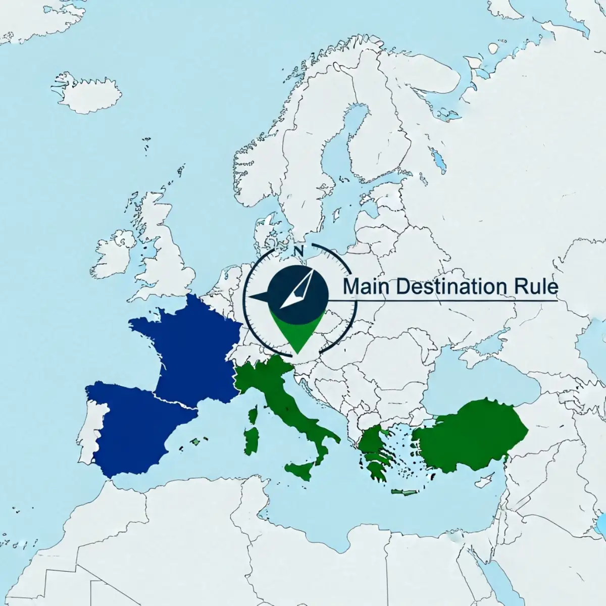 Bản đồ minh họa quy tắc Main Destination Rule, xác định quốc gia chính để nộp hồ sơ visa Schengen.