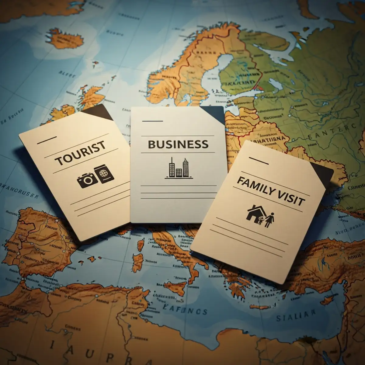 Minh họa các loại visa Schengen: Du lịch, Công tác và Thăm thân