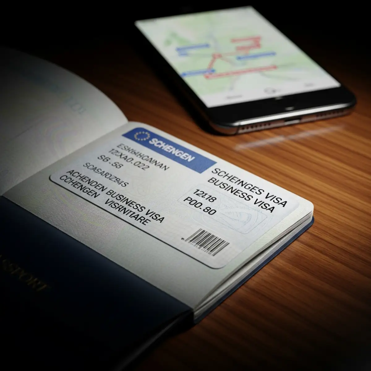 Hộ chiếu có dán visa Schengen công tác, đặt trên bàn làm việc chuyên nghiệp.