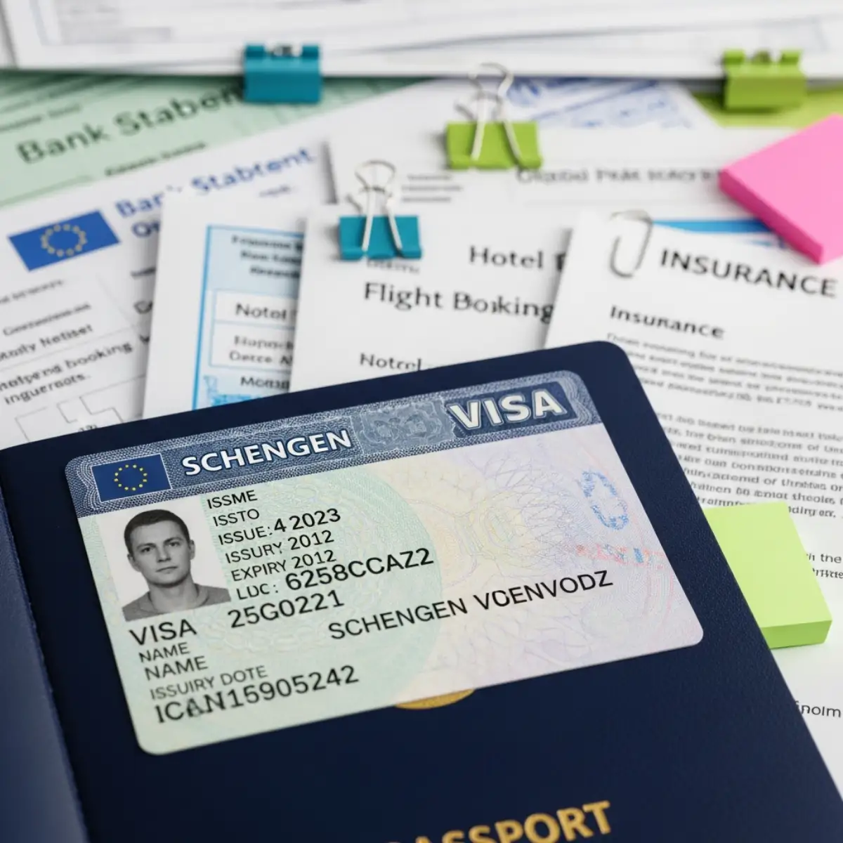 Visa Schengen thăm thân trong hộ chiếu, biểu thị sự phức tạp và kiểm tra hồ sơ.